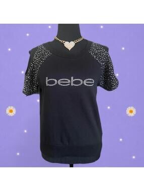 Vintage Y2K Bebe Rhinestone Logo Cold Shoulder Top Black McBling size medium 🖤